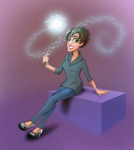 An artistic representation of Lauren by Grace Candido-Beecher. Lauren is holding a magic wand that is trailing sparks.