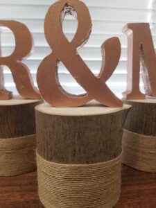 MR & MRS letters on cut wood with burlap